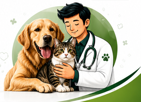 Veterinarian with a golden retriever and a cat at Dr. Shawon's Vet Clinic